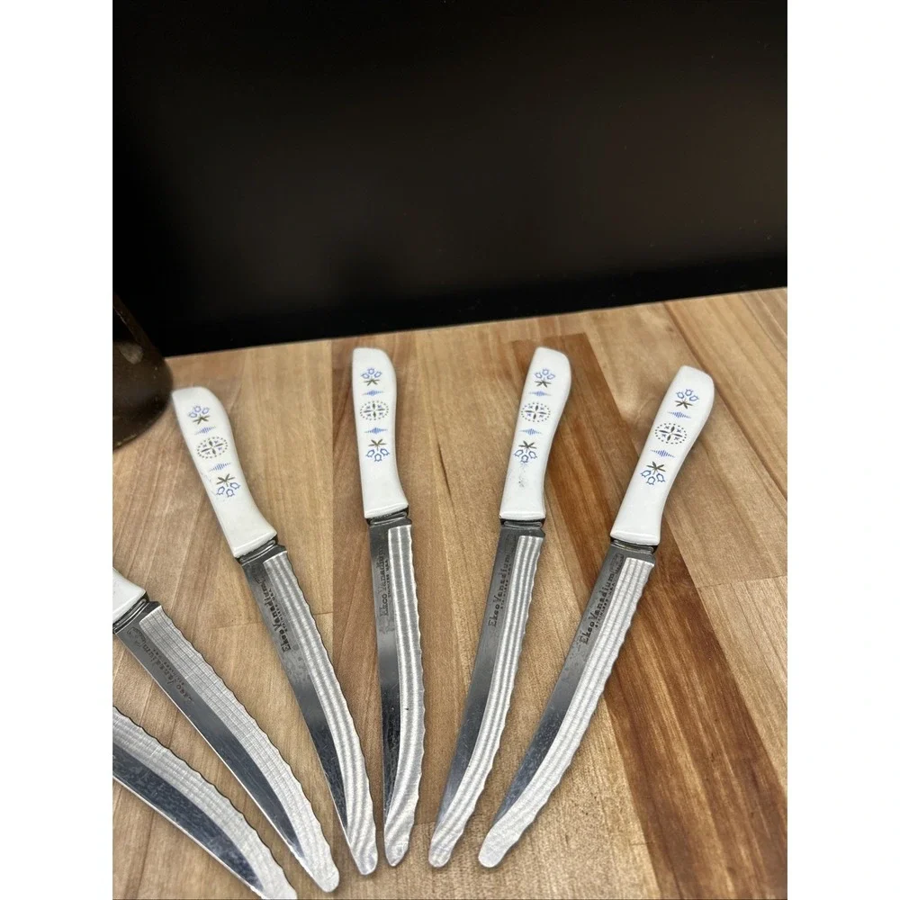 6 Vintage EKCO Vanadium Dutch Tulip Steak Knives USA Hollow Ground Set w Holder